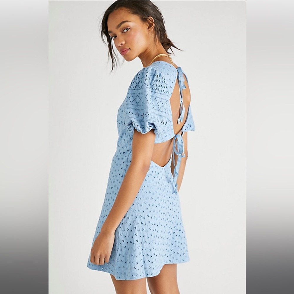 Free People Apricot Rose Puff Sleeve Eyelet Light Blue Dress